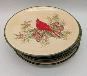 5 Pacific Rim Cardinal Dinner Plates Pine Boughs Cones Holly Berries Winter